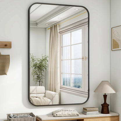 Oglinda Decorativa 122x75 cmElindor® Agatare pe Perete sau Sprijinita, Neagra, Dreptunghiulara, Colturi Rotunjite, Moderna si Eleganta, Reflexie HD, Sticla fara Distorsiuni, Ideala pentru Dormitor, Living, Birou, Dressing, Hol, Baie, Rama Metalica,