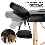 Masa de Masaj Elindor® cu Tetiera, Pliabila si Portabila, Universala, Usor de Transportat, Pat Cosmetica, Saltea Burete, Inaltime Reglabila 64-86 cm, Greutate Maxima Suportata 100 kg, Lemn/Piele ecologica, Negru