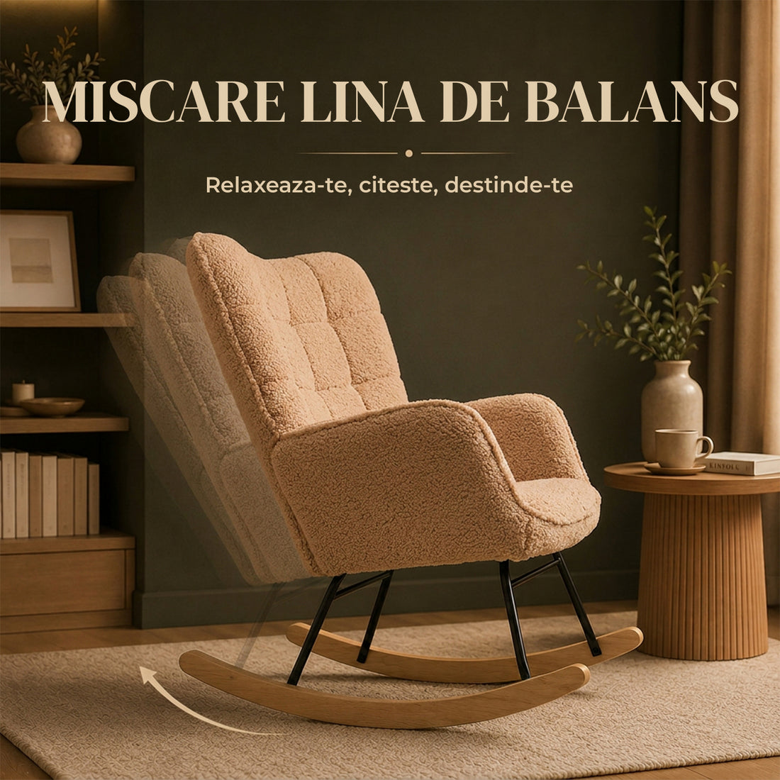 Fotoliu Balansoar Elindor® cu Spatar Inalt, Pufos, Ergonomic, Cadru Solid din Otel si Lemn, Suporta 120 kg, Ideal pentru Camera Copilului, Living sau Dormitor, 101 × 98× 71 cm, Maro