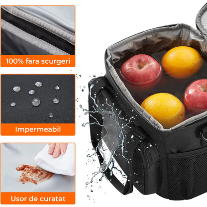 Geanta Termo-izolanta Elindor®, Geanta pentru Pranz, 9L, Material Oxford Impermeabil, Compartiment Spatios, Ideala pentru Mancare la Scoala, Loc de Munca 25.5 × 17 × 20.5 cm, Negru