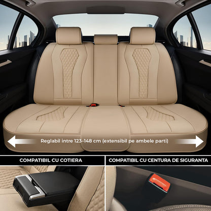 Set 5 Huse Scaune Auto Elindor® Universale, Husa pentru Protectie Sezut si Spatar Scaun Fata si Bancheta Spate, Impermeabila, Piele Nappa, Accesorii Masina Huse Interior, Bej