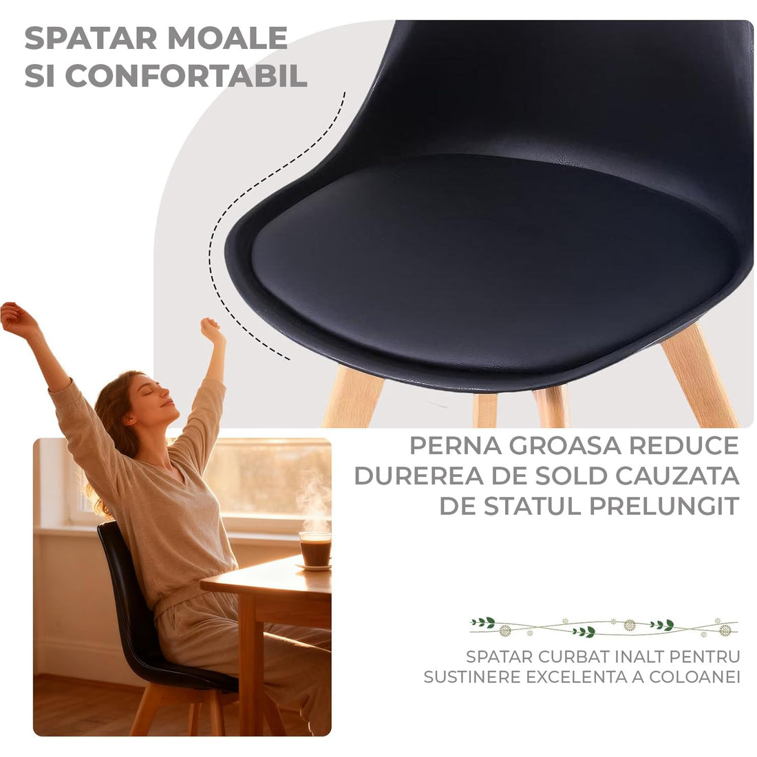 Set 4 Scaune Bucatarie Negre Elindor® din Piele Ecologica, Picioare din Lemn, Scaun Confortabil, Perna Sezut, Elegant, pentru Bucatarie, Dormitor, Living, 50 x 45 x 81 cm