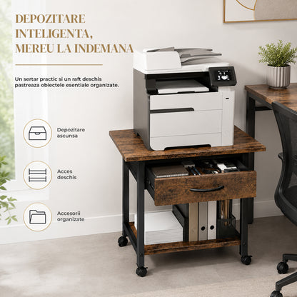 Carucior Organizator 2 Niveluri Elindor® , cu Roti 360°, cu Sertar, Organizator Bucatarie, Raft Mobil Organizare Baie, Camara, Birou, Bar, 55.9 x 38.1 x 40.6 cm, Negru / Maro