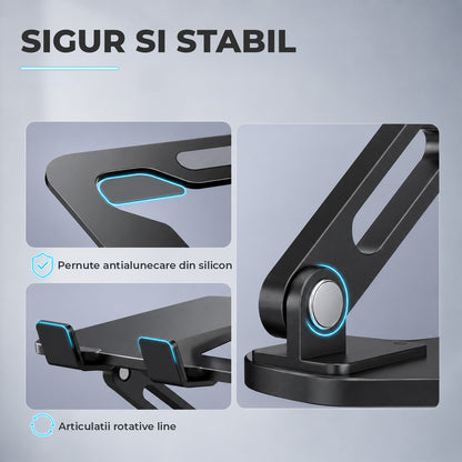 Suport Ergonomic Elindor® pentru Laptop si Tableta, Masa Portabila, Stand cu Baza Reglabila pe Inaltime, Universal, Baza Antiderapanta, Compatibil cu Laptopuri de 10-15.6 Inch, Ideal pentru Birou, Acasa, Calatorii, Negru