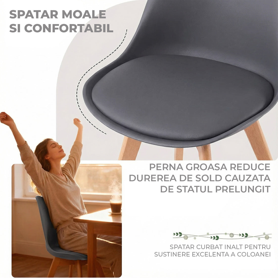 Set 4 Scaune Bucatarie Gri Elindor® din Piele Ecologica, Picioare din Lemn, Scaun Confortabil, Perna Sezut, Elegant, pentru Bucatarie, Dormitor, Living, 50 x 45 x 81 cm
