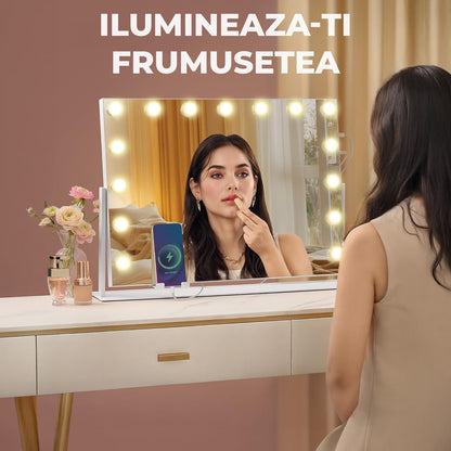 Oglinda Cosmetica Iluminata Led 360° Elindor® de Masa, Buton Touch, Luminozitate Ajustabila, Efect de Marire Lupa 10X, Oglinzi Cosmetice pentru Coafor, Barbierit, Pensat, Vopsit, Tuns si Machiaj, Frizerie, 58X43 cm, Alb