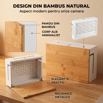 Cutie Organizare Cabluri Elindor®, din Bambus cu Capac Magnetic, Organizator pentru Accesorii Living, Birou, Dormitor, Bucatarie, Camara, Utilizare in Interior, Compatibila cu Prelungitoare si Adaptoare Multiple, 32 × 22 × 11 cm, Alb