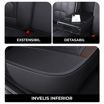 Set 5 Huse Scaune Auto Elindor® Universale, Husa pentru Protectie Sezut si Spatar Scaun Fata si Bancheta Spate, Impermeabila, Piele Ecologica, Accesorii Masina Huse Interior, Maro