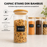 Set 4 Borcane din Sticla Elindor® cu Capac Ermetic din Bambus, Borcan 1400 ml, Marker si Etichete Incluse, Ideal pentru Condimente, Fructe Uscate, Cafea, Zahar, Recipient Depozitare in Bucatarie, 20 × 10 cm, Transparent