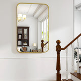 Oglinda Decorativa Elindor® Agatare pe Perete sau Sprijinita, Aurie, Dreptunghiulara, Colturi Rotunjite, Moderna si Eleganta, Reflexie HD, Sticla fara Distorsiuni, Ideala pentru Dormitor, Living, Birou, Dressing, Hol, Baie, Rama Metalica, 90x60 cm