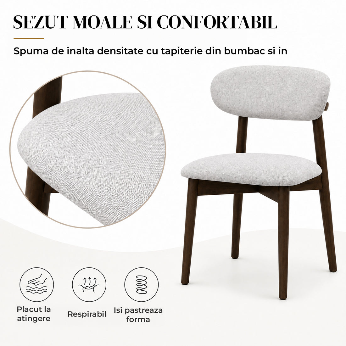 Set 2 Scaune Elindor® Ergonomice, Design Contemporan, Scaun cu Spatar si fara Manere, din Bumbac si In cu Picioare Maro Inchis, Potrivite pentru Living, Bucatarie, Birou, Dormitor, Alb / Gri