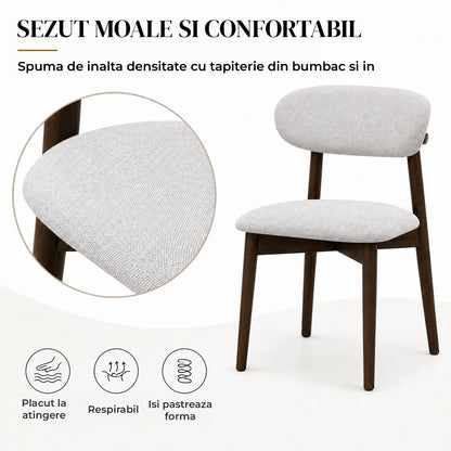 Set 2 Scaune Elindor® Ergonomice, Design Contemporan, Scaun cu Spatar si fara Manere, din Bumbac si In cu Picioare Maro Inchis, Potrivite pentru Living, Bucatarie, Birou, Dormitor, Alb / Gri