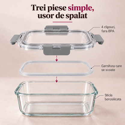 Set de 12 Caserole Elindor® din Sticla Borosilicata, Recipiente Ingrediente pentru Bucatarie, pentru Alimente Uscate, Recipient pentru Depozitare Zahar, Cafea, Paste, Cereale, Capac Etans, 320–1040 ml, Gri