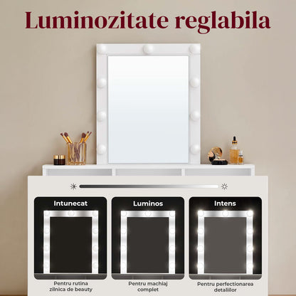 Masa de Machiaj Elindor®, cu Oglinda si Iluminare LED Reglabila, Spatiu Generos de Depozitare, 2 Sertare si 3 Compartimente, Fixare Anti-Rasturnare 40 × 100 × 145 cm, Alb