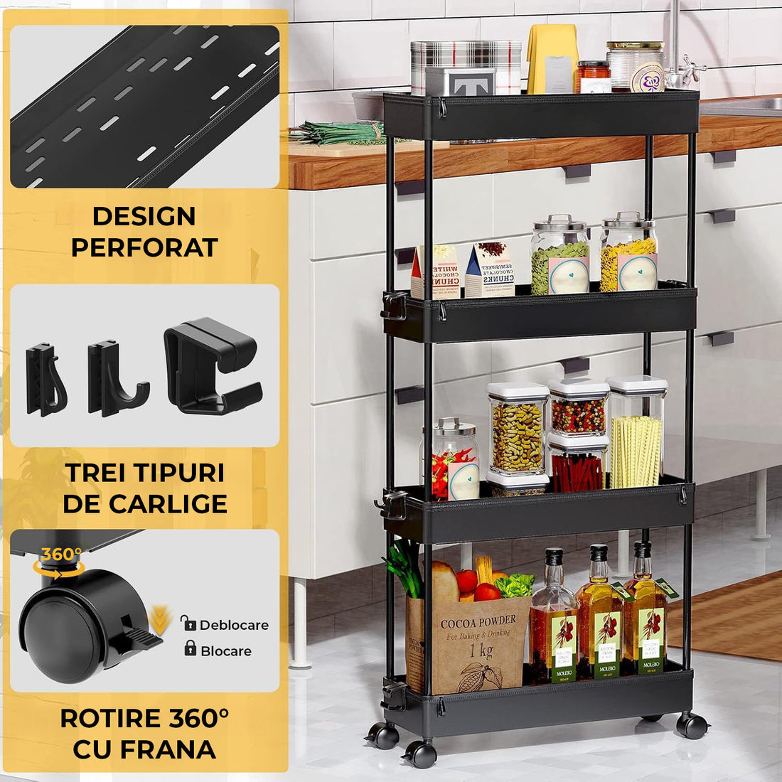 Carucior Organizator 4 Niveluri Elindor® Modular, cu Roti 360°, Organizator Bucatarie, Multifunctional, Raft Mobil Organizare Baie, Camara, Birou, Bar, 85 × 12.5 × 38.8 cm, Negru