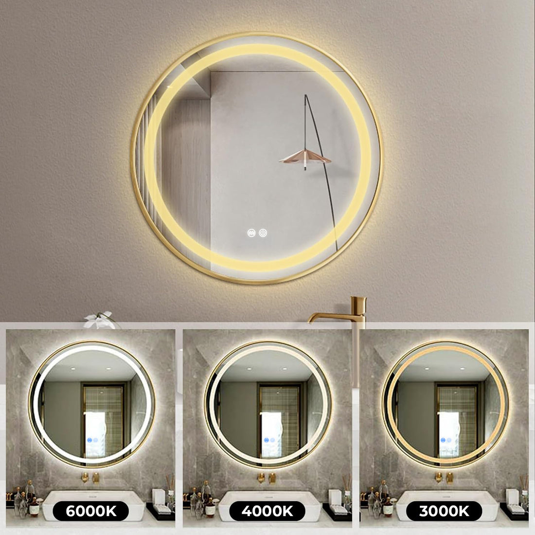 Oglinda de Perete Elindor® Rotunda, Antiaburire, cu Rama Aurie, Ideala pentru Baie, Iluminare Led, 3 Culori Lumina, Dimabila, Buton ON/OFF Luminat si Noaptea, Rezistenta la Umiditate IP44, 60 x 60 cm