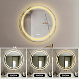 Oglinda de Perete Elindor® Rotunda, Antiaburire, cu Rama Aurie, Ideala pentru Baie, Iluminare Led, 3 Culori Lumina, Dimabila, Buton ON/OFF Luminat si Noaptea, Rezistenta la Umiditate IP44, 60 x 60 cm