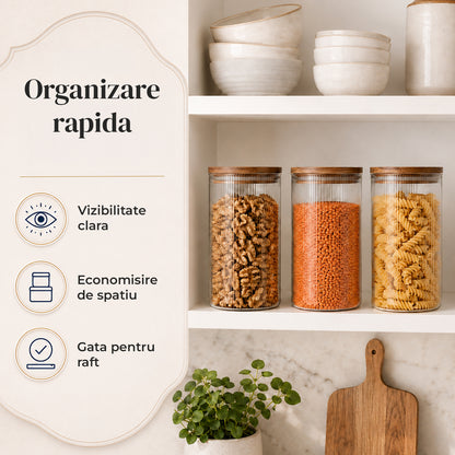 Set 3 Borcane din Sticla Elindor® cu Capac Ermetic din Bambus, Borcan 1200 ml, Marker si Etichete Incluse, Ideal pentru Condimente, Fructe Uscate, Cafea, Zahar, Recipient Depozitare in Bucatarie, 18.5 × 10 cm, Transparent