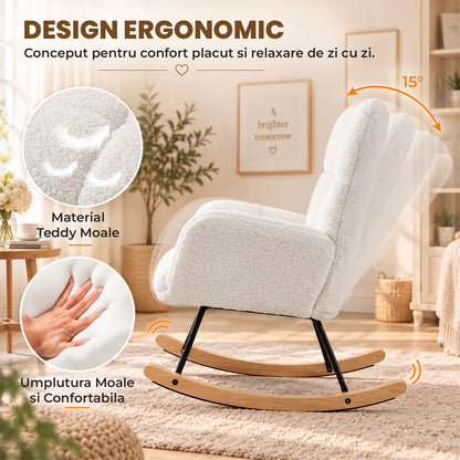 Fotoliu Balansoar Elindor® cu Spatar, Ergonomic, Cadru Solid din Otel, Ideal pentru Living, Dormitor, Camera Copilului, 68 x 88 x 93 cm, Alb