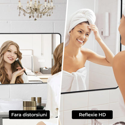 Oglinda Decorativa 90x60 cm Elindor® Agatare pe Perete sau Sprijinita, Rama Neagra, Dreptunghiulara, Colturi Rotunjite, Moderna si Eleganta, Reflexie HD, Sticla fara Distorsiuni, Ideala pentru Dormitor, Living, Birou, Dressing, Hol, Baie