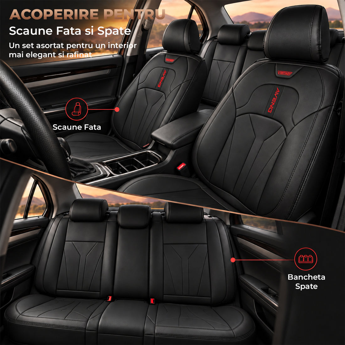 Set 5 Huse Scaune de Masina Elindor®, Huse Auto Piele, Impermeabile, Universale, Protectie Scaun Fata si Spate, Montaj Rapid, Accesorii Masina Interior, Negru