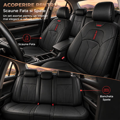 Set 5 Huse Scaune de Masina Elindor®, Huse Auto Piele, Impermeabile, Universale, Protectie Scaun Fata si Spate, Montaj Rapid, Accesorii Masina Interior, Negru