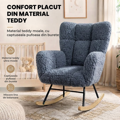 Fotoliu Balansoar Elindor® cu Spatar, Ergonomic, Cadru Solid din Otel, Ideal pentru Living, Dormitor, Camera Copilului, 68 x 88 x 93 cm, Albastru-Gri