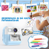 Camera Foto Instant Pentru Copii Elindor®, Ecran 2.4 Inch, 1080P, 16X Zoom, Printare Fara Cerneala, 3 Role Hartie Incluse, 32GB SD, Albastru