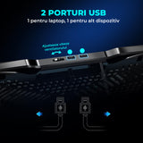 Cooler Laptop Gaming RGB Elindor® Suport cu Unghi Reglabil pe 5 Nivele, Viteza Ajustabila, Dimensiuni Compatabile 12-15.6 Inch, 5 Ventilatoare Puternice si Silentioase, 2 Porturi USB, Suport Telefon, pentru Birou, Calatorii, 36 × 25.5 × 2.7 cm, Negru