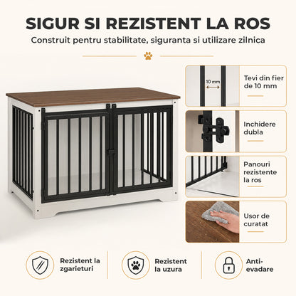 Cusca pentru Animale Elindor® Tip Mobila, Potrivita pentru Caini de Talie Medie, Utilizare in Interior, cu 2 Usi, o Usa Glisanta, Baza Solida, Marime L, 100 x 60 x 68 cm, Alb / Maro