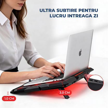 Cooler Laptop Gaming RGB Elindor® Suport cu Unghi Reglabil, Dimensiuni Compatabile 12-17.3 Inch, 6 Ventilatoare Puternice si Silentioase 26dB, Viteza Ajustabila, 2 Porturi USB, pentru Birou, Calatorii, 41.7 × 30 × 3 cm, Negru