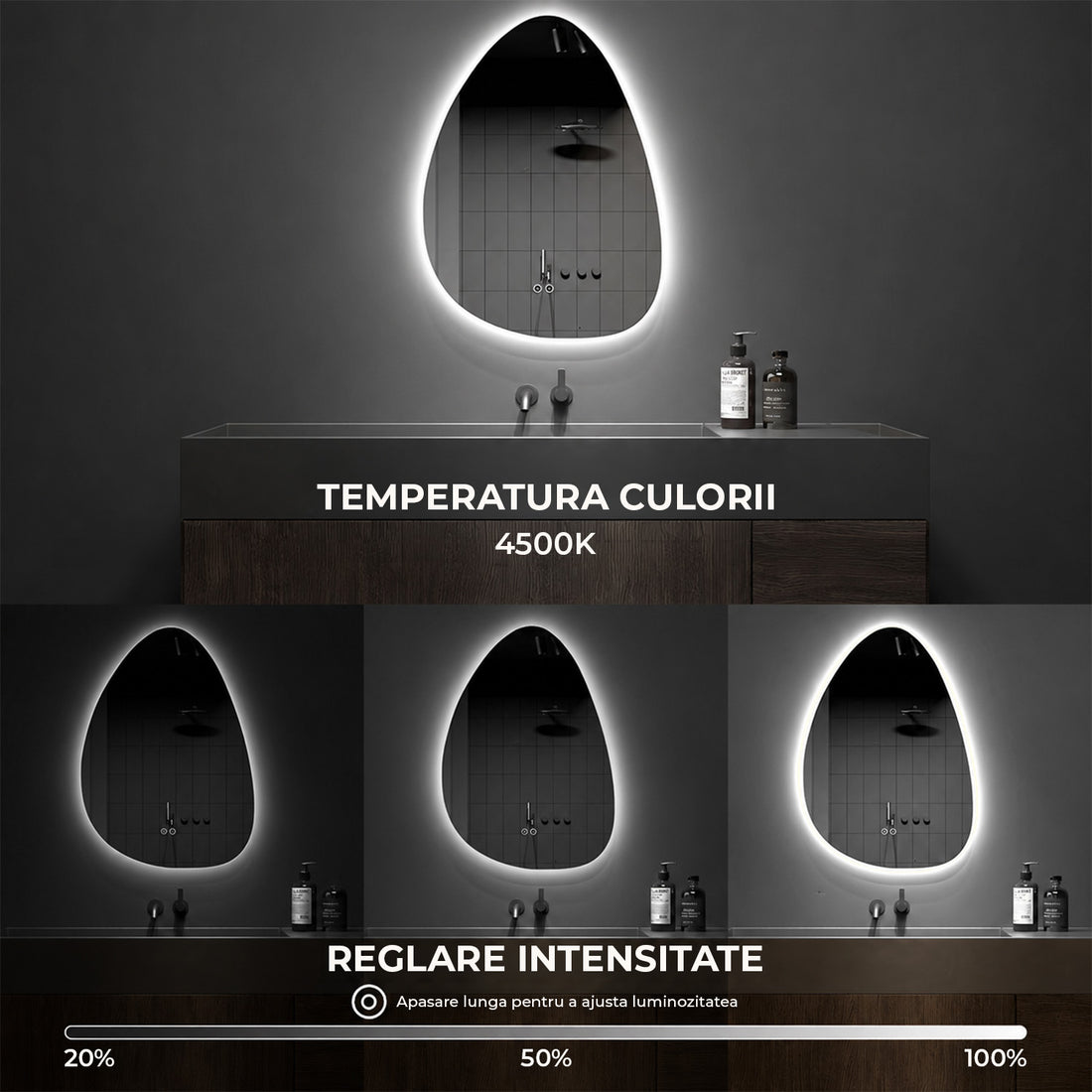 Oglinda de Perete Elindor® Asimetrica, fara Rama, Decorativa, Verticala / Orizontala, Eleganta, Ideala pentru Baie, Birou, Hol, Living, Dressing, Iluminare Led, Intensitate Ajustabila, Antiaburire, Temperatura de Culoare 4500K, 80 x 55 cm