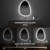 Oglinda de Perete Elindor® Asimetrica, fara Rama, Decorativa, Verticala / Orizontala, Eleganta, Ideala pentru Baie, Birou, Hol, Living, Dressing, Iluminare Led, Intensitate Ajustabila, Antiaburire, Temperatura de Culoare 4500K, 80 x 55 cm
