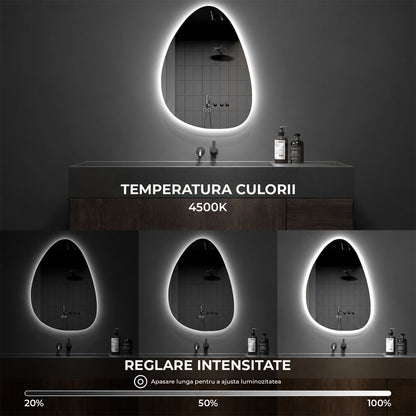 Oglinda de Perete Elindor® Asimetrica, fara Rama, Decorativa, Verticala / Orizontala, Eleganta, Ideala pentru Baie, Birou, Hol, Living, Dressing, Iluminare Led, Intensitate Ajustabila, Antiaburire, Temperatura de Culoare 4500K, 80 x 55 cm