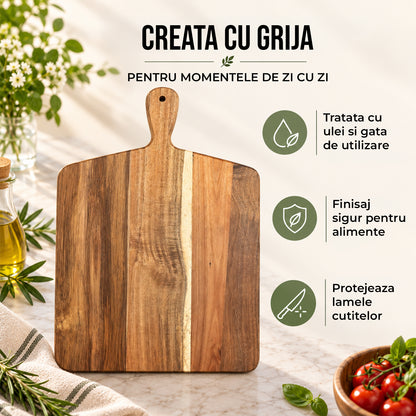 Tocator Elindor® din Lemn Natural de Salcam, cu Maner, Ideal pentru Taierea si Servirea Legumelor, Fructelor, Branzeturilor sau Carnii, Design Rustic, 44 x 33 cm, Maro Natural