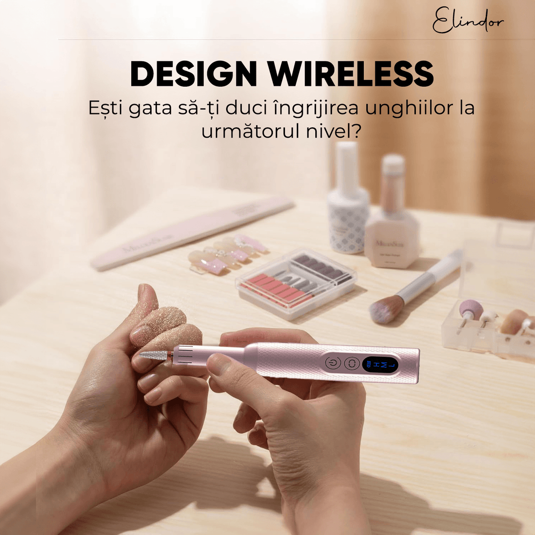 Freză unghii profesională wireless, 18.000 RPM, 12 capete, 36 benzi de șlefuire, roz