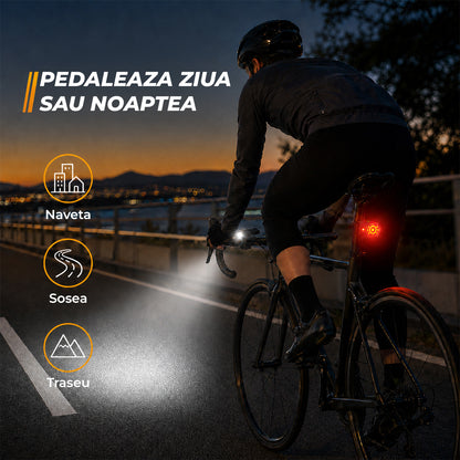 Set Lumini pentru Bicicleta Elindor®, Far Fata si Stop Spate LED, 10 Moduri de Iluminare, Incarcare USB-C, Impermeabil IP65, Rotire 360°, Faruri cu Acumulator Reincarcabil, Accesorii Bicicleta, 350 Lumeni, Negru