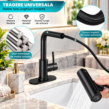 Baterie Chiuveta Baie Neagra Elindor® Robinet de Apa, Modern cu Pipa Extractibila, 4 Tipuri de Jet: Cascada, Delicat, Jet Puternic si Dus, Monocomanda, Rotativ 360°, pentru Bucatarie, Otel Inoxidabil SUS304, Finisaj Mat