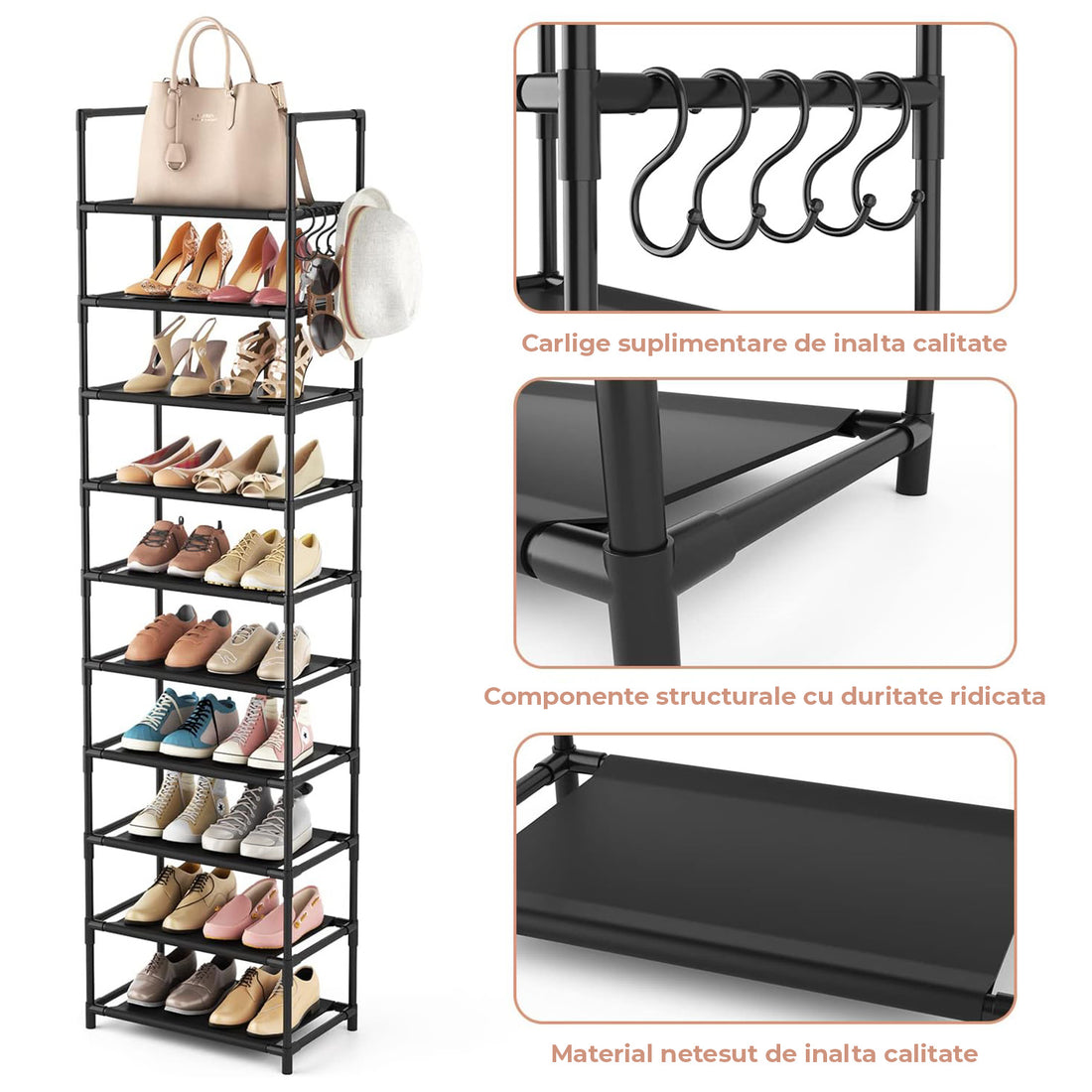 Organizator pentru Pantofi Elindor® Pantofar cu 10 Nivele Mari si 5 Carlige Metalice, Fara Gauri, Suport Metalic pentru Papuci, Dulap Hol, Dormitor, Economisire Spatiu, Depozitare Incaltaminte, 25.5 × 43 × 173 cm, Negru