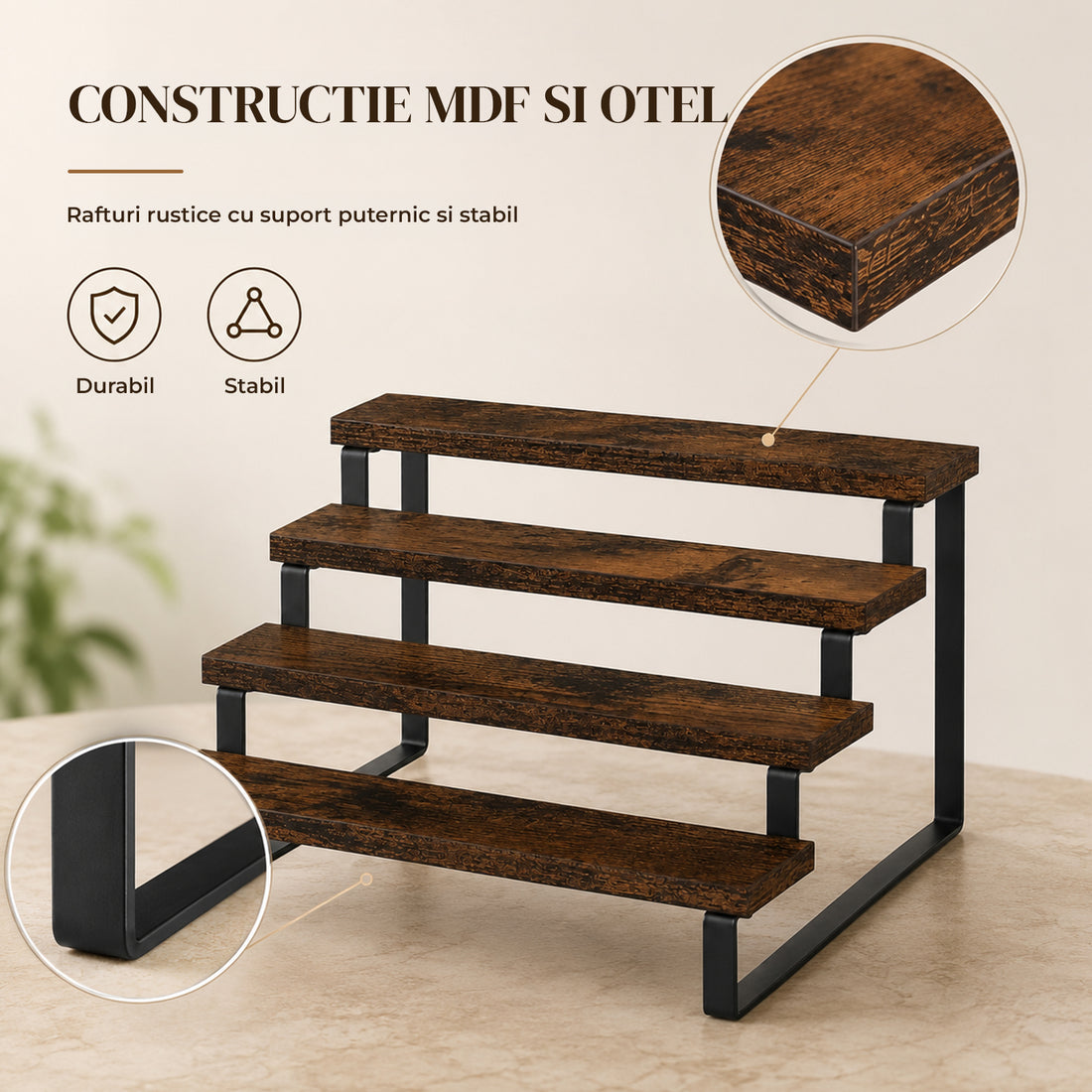 Raft Elindor® pe 4 Nivele, Rafturi Suprapus pentru Bucatarie, Organizator Ideal ca Etajera Depozitare in Camara sau Birou, Perfect pentru Condimente, Vesela, Farfurii, Stabil si Compact, Polita pentru Obiecte, 34.5 x 21 x 43.2 cm, Maro Rustic