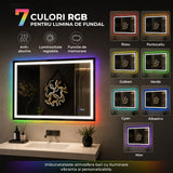 Oglinda de Perete Elindor® Antiaburire, Dreptunghiulara, Montare pe Orizontala, fara Rama, Ideala pentru Baie, Iluminare Led RGB, Buton ON/OFF Luminat si Noaptea, Rezistenta la Umiditate IP44, 100 x 60 cm