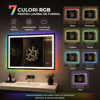 Oglinda de Perete Elindor® Antiaburire, Dreptunghiulara, Montare pe Orizontala, fara Rama, Ideala pentru Baie, Iluminare Led RGB, Buton ON/OFF Luminat si Noaptea, Rezistenta la Umiditate IP44, 100 x 60 cm