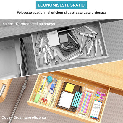 Set 12 Cutii Depozitare Elindor® Organizator pentru Bucatarie si Baie, 4 Marimi, Organizatoare Dulap si Sertare, Cutie pentru Sertar, Frigider, Camara, Baie, Bar, Birou, Cos Multifunctional, Separator Fructe, Legume, Creme, Parfumuri, Plastic Acrilic