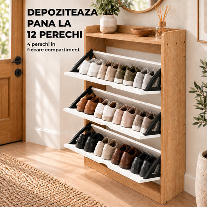 Dulap pentru Pantofi Elindor® Organizator Tip Pantofar cu 4 Niveluri, Fara Gauri, Suport pentru Papuci, Dulap Hol, Living, Dormitor, Economisire Spatiu, Depozitare Incaltaminte, 120 x 100 x 17 cm, Alb / Bej