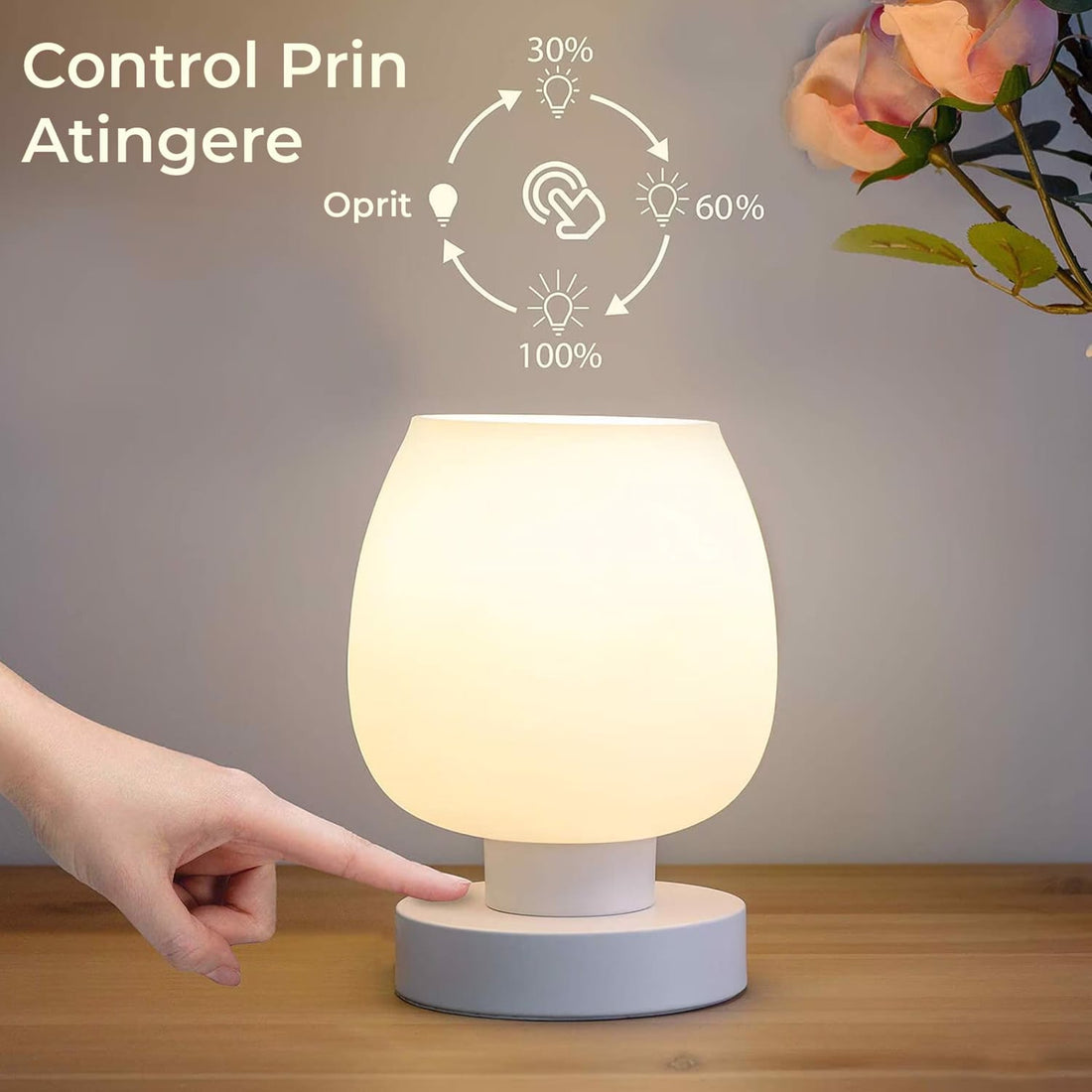 Veioza Dormitor si Birou, Design Modern Minimalist cu Bec LED de Lumina Calda Inclus, 3 Moduri de Functionare, Control prin Atingere