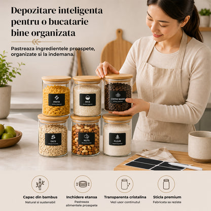 Set 6 Borcane din Sticla Elindor® cu Capac Ermetic din Bambus, Borcan 500 ml, Marker si Etichete Incluse, Ideal pentru Condimente, Fructe Uscate, Zahar, Cafea, Recipient Depozitare in Bucatarie, 10.8 × 8.5 cm, Transparent