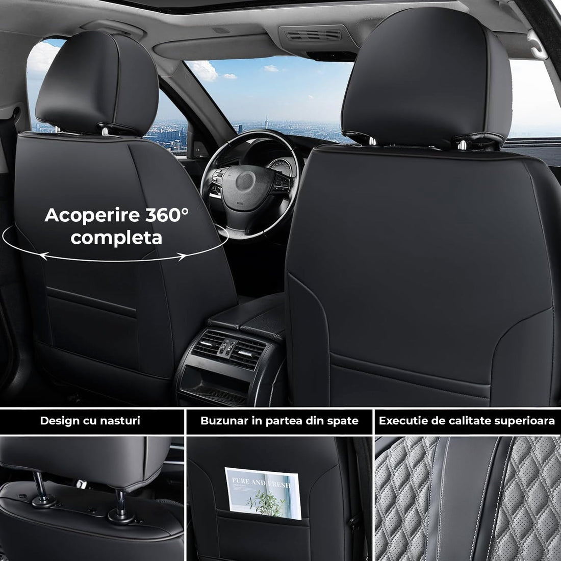 Set 2 Huse Scaune Auto Elindor®, Piele Nappa, Protectie Scaun Sofer, Montaj Rapid, Husa Impermeabila, Acoperire Spatar si Sezut, Accesorii Masina Interior, Universale Compatibile cu VW, Dacia, Renault, BMW, Ford, Skoda, Hyundai, Gri