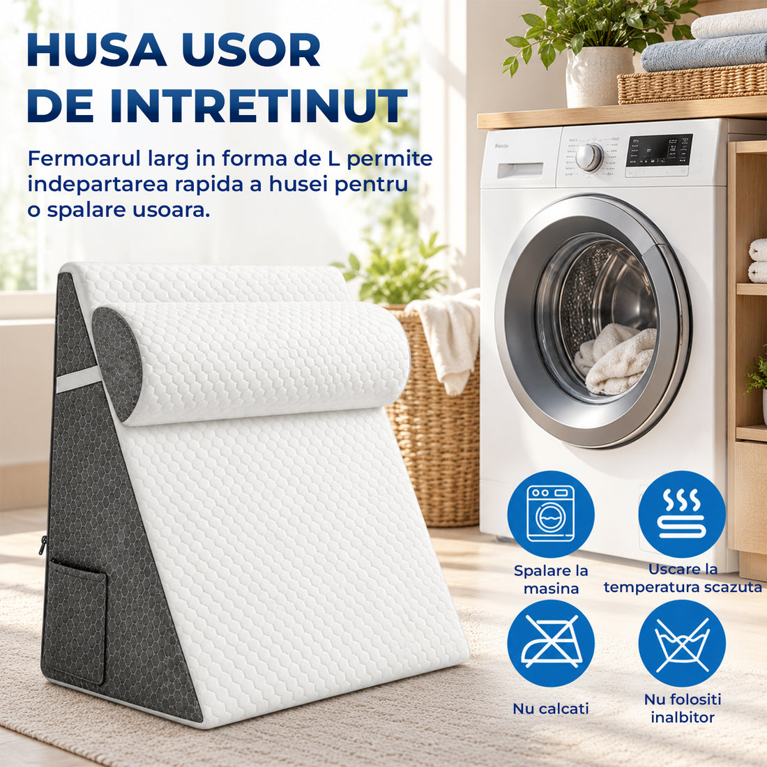 Perna Ergonomica Elindor®, Perna Wedge pentru Circulatie si Recuperare, Suport pentru Genunchi, Picioare si Trunchi, cu Spuma cu Memorie, Husa Textila, 50 x 50 x 26 cm, Gri / Alb