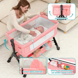 Patut Pliabil Bebelusi Elindor® 3 in 1, Leagan Bebe, Inaltime Reglabila, Portabil, Plasa Laterala, Roti cu Sistem Blocare, 104 x 58 x 80 cm, Roz
