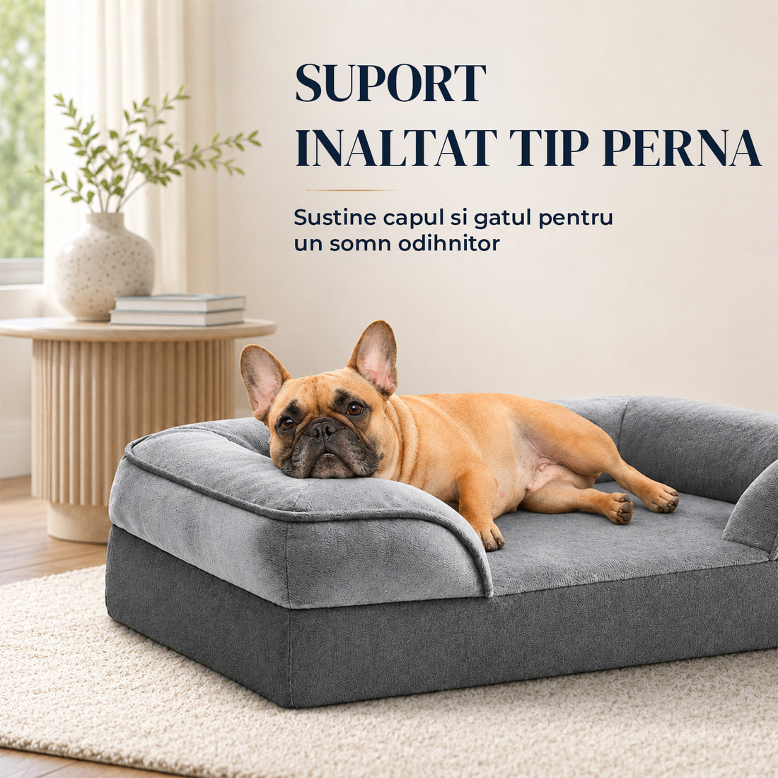 Pat pentru Caini Elindor® cu Saltea Ortopedica, Culcus din Spuma Cu Memorie pentru Caine de Talie Medie si Mare, Suport pentru Cap si Gat, Husa Detasabila, Antiderapant, Marimea L, 88.5 x 63 x 15 cm, Gri